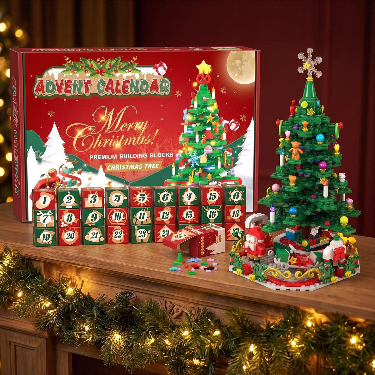 24-in-1 Brick Christmas Tree Advent Calendar with String Lights