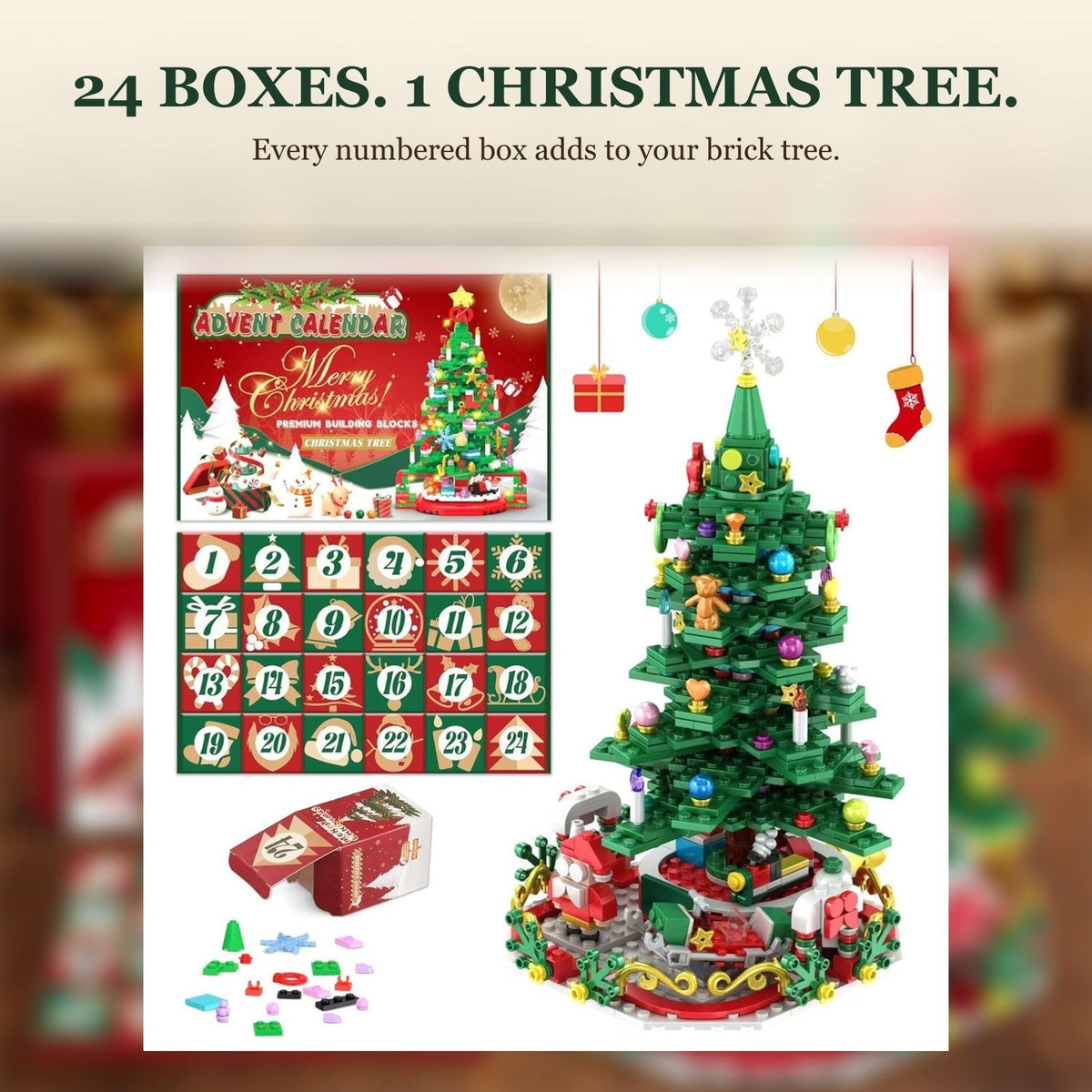 24-in-1 Brick Christmas Tree Advent Calendar with String Lights