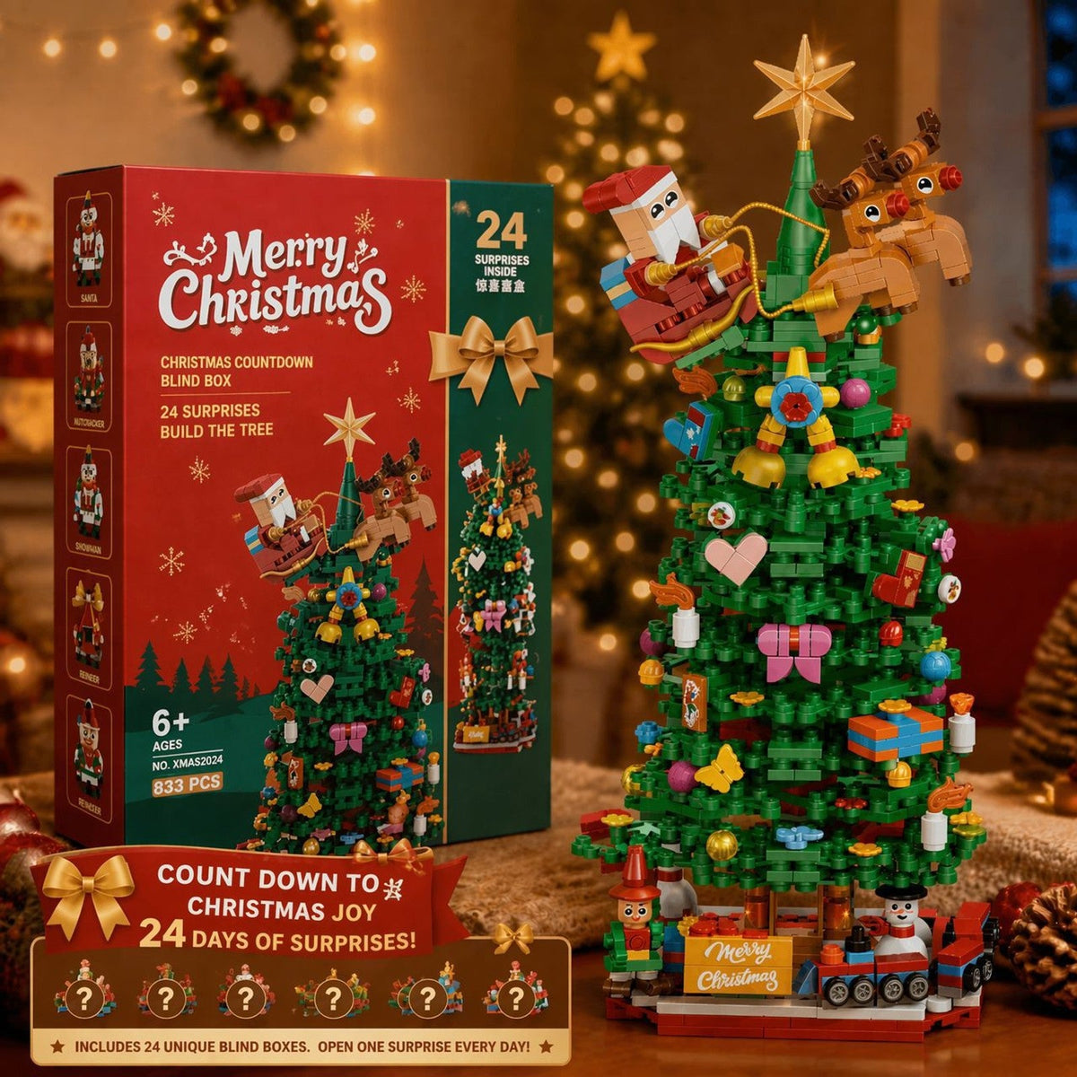 Brick Christmas Tree Advent Calendar, 24 Blind Boxes, 833 Pieces