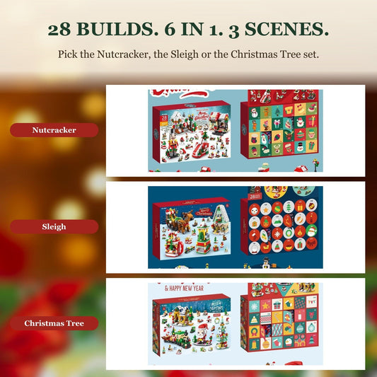 28-Door Christmas Village Advent Calendar, 6 in 1, Nutcracker, Sleigh or Tree