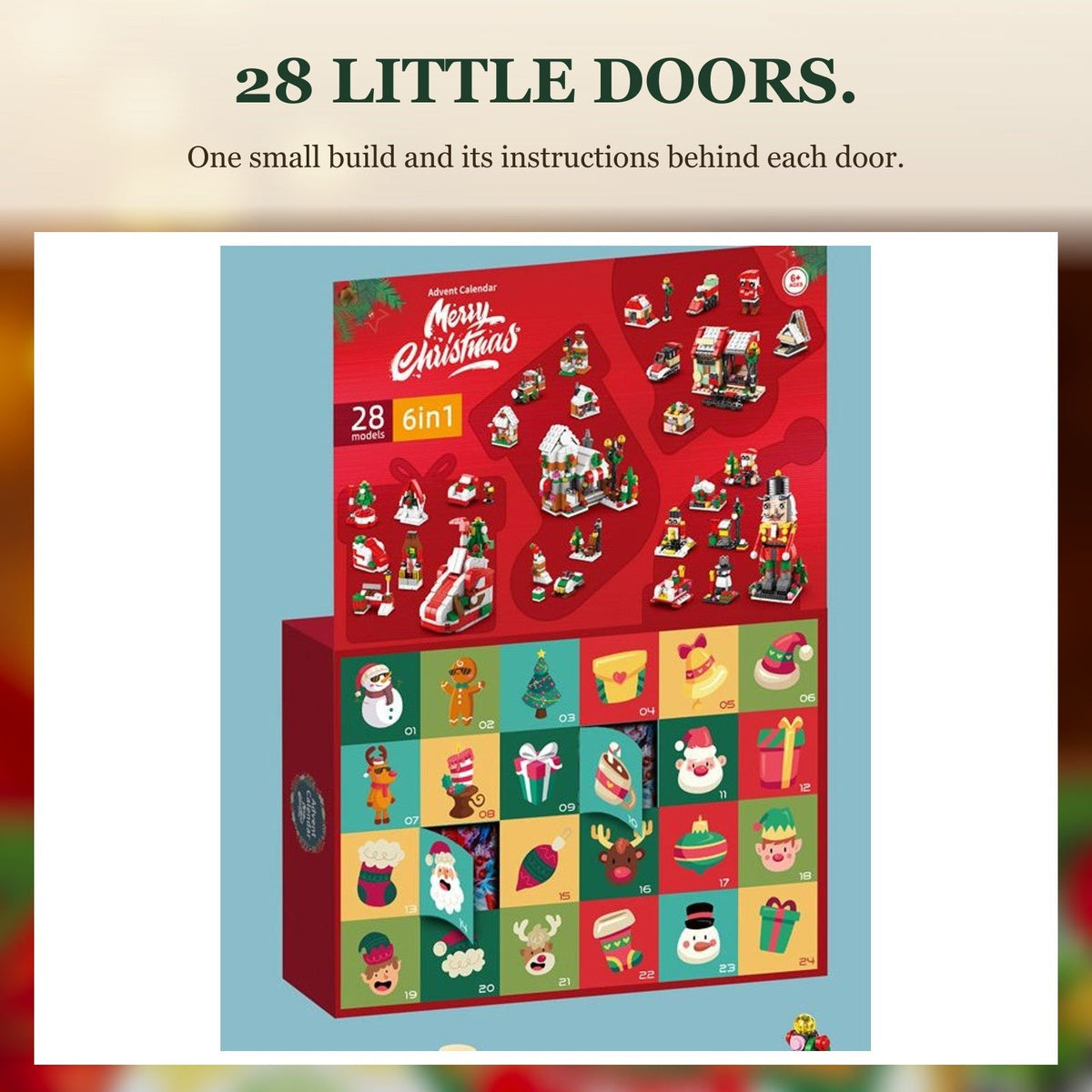 28-Door Christmas Village Advent Calendar, 6 in 1, Nutcracker, Sleigh or Tree