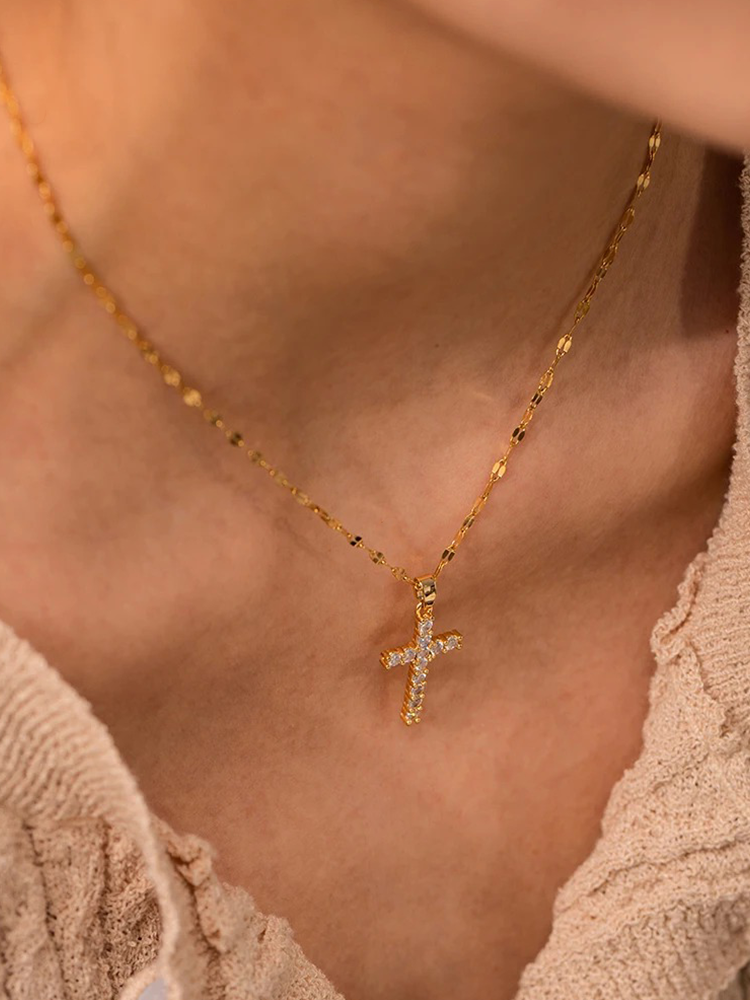 Cross Necklace with Gold Finish, Shiny Zirconia and Spiritual Style