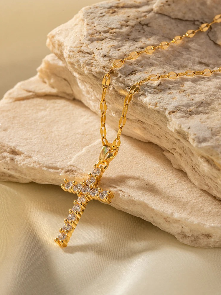 Cross Necklace with Gold Finish, Shiny Zirconia and Spiritual Style