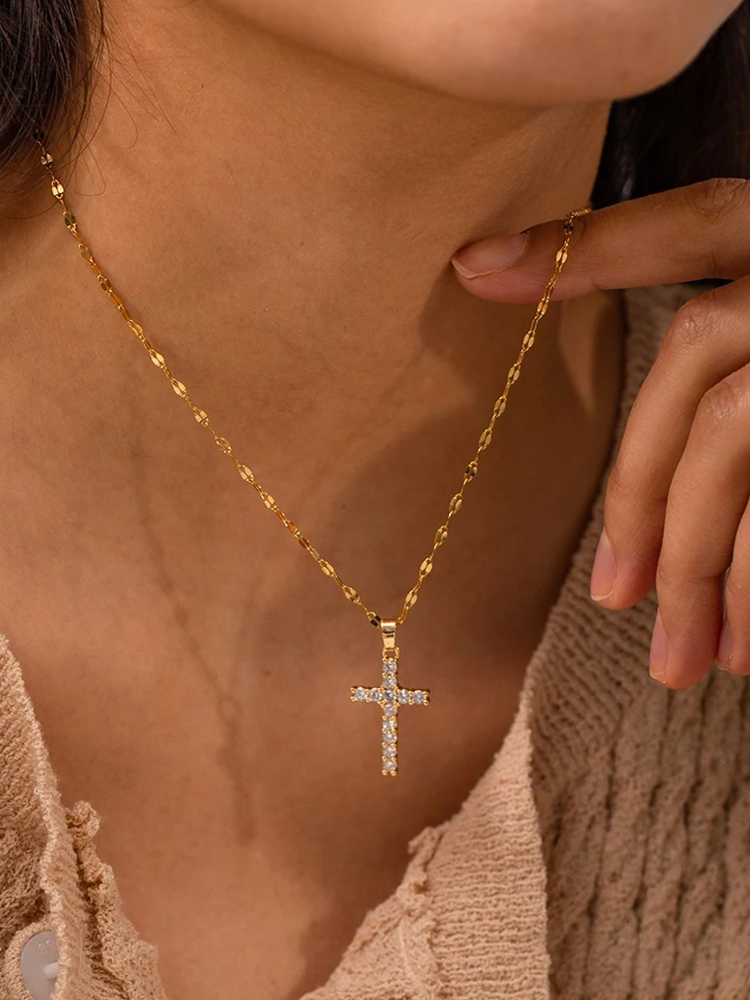 Cross Necklace with Gold Finish, Shiny Zirconia and Spiritual Style