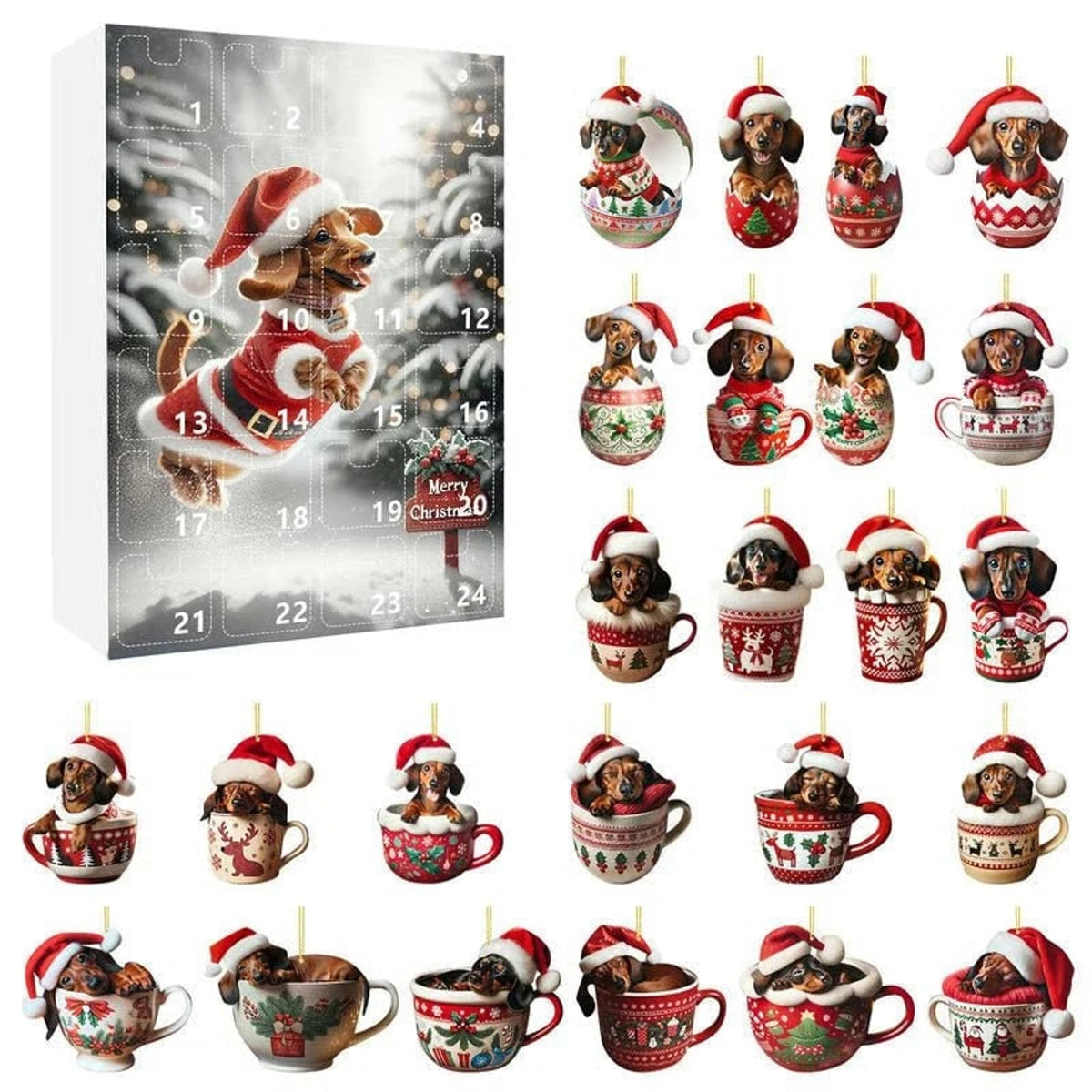 Vánoční adventní kalendář pro jezevčíky s 24 tematickými hračkami a doplňky