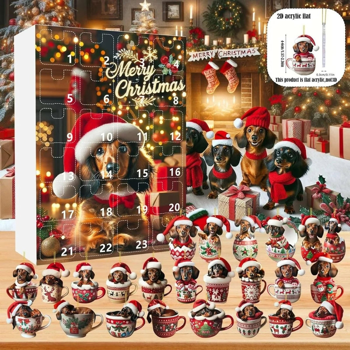 Vánoční adventní kalendář pro jezevčíky s 24 tematickými hračkami a doplňky