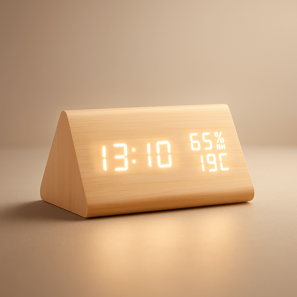 ECOCLOCK – Minimalist Digital Wooden Clock with Temperature Display & Light Control