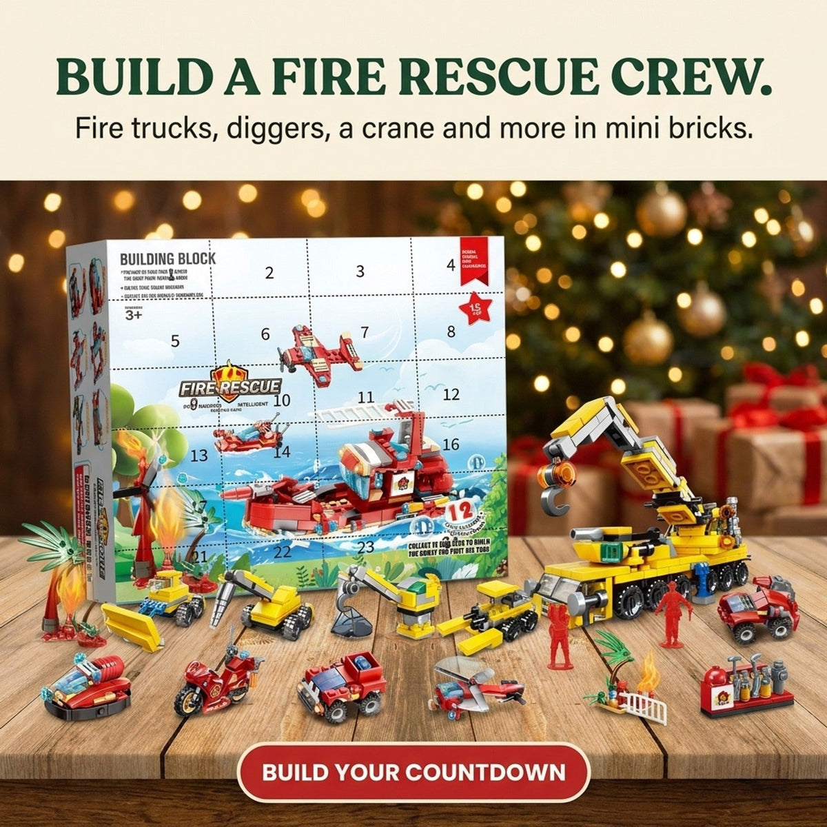 Fire Rescue and Construction Vehicle Advent Calendar, Mini Brick Builds