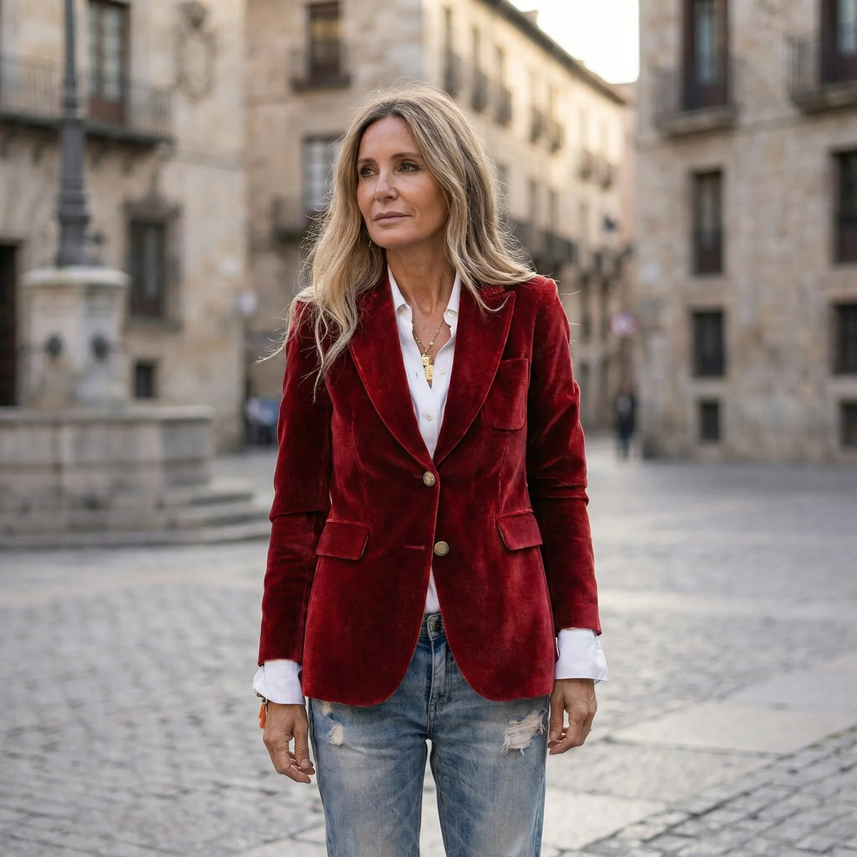 Figursyet fløjlsblazer med guldfarvede knapper