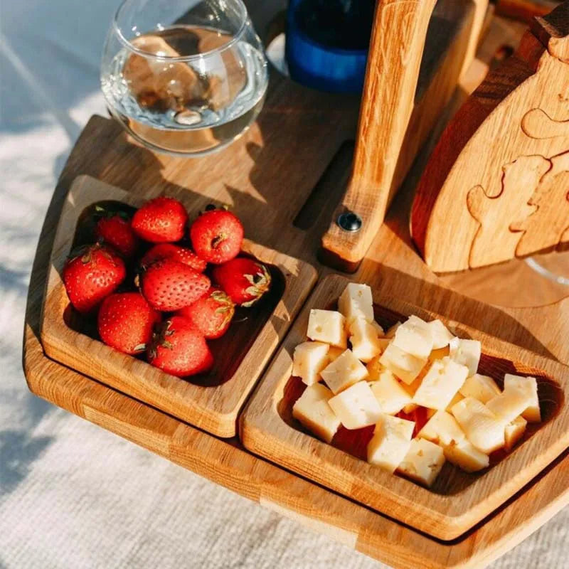 Foldable Wooden Picnic Table for Wine – Round Outdoor Snack Tray with Cup Holders for Elegant Outdoor Dining