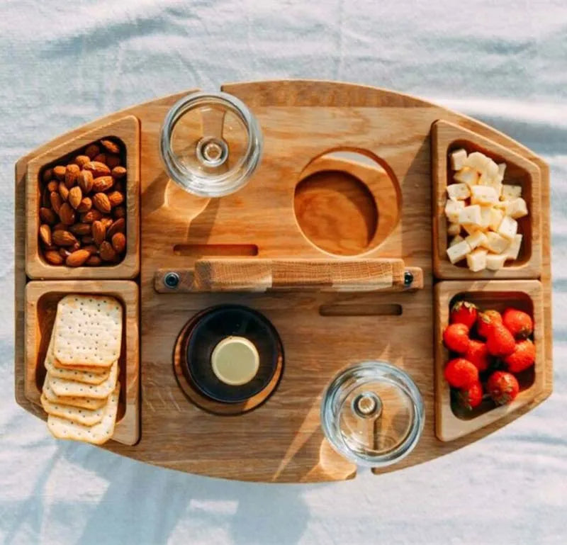 Foldable Wooden Picnic Table for Wine – Round Outdoor Snack Tray with Cup Holders for Elegant Outdoor Dining