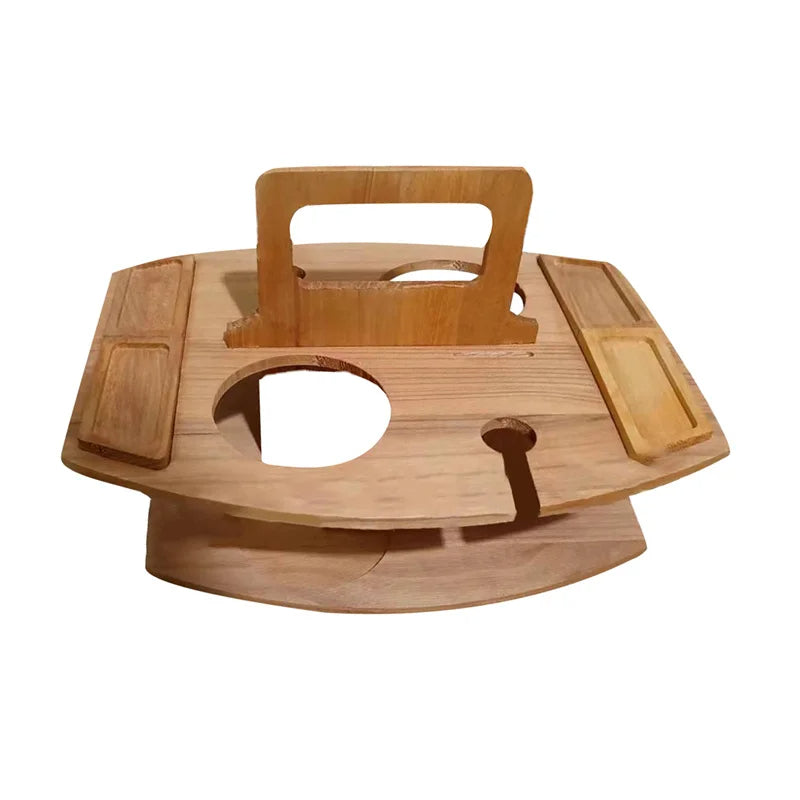 Foldable Wooden Picnic Table for Wine – Round Outdoor Snack Tray with Cup Holders for Elegant Outdoor Dining