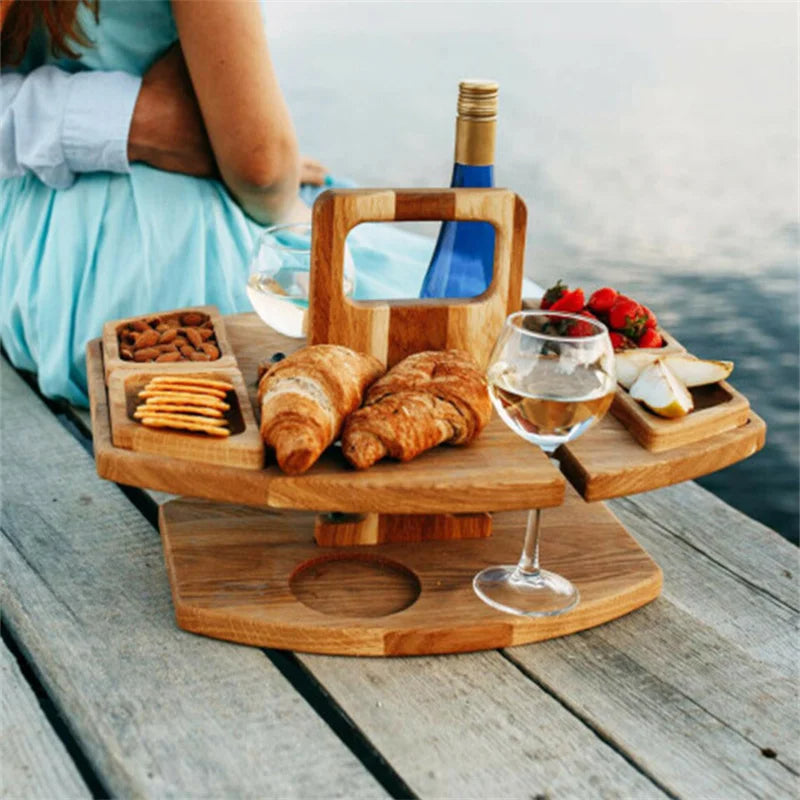 Foldable Wooden Picnic Table for Wine – Round Outdoor Snack Tray with Cup Holders for Elegant Outdoor Dining
