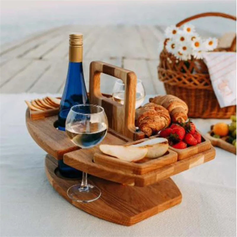 Foldable Wooden Picnic Table for Wine – Round Outdoor Snack Tray with Cup Holders for Elegant Outdoor Dining