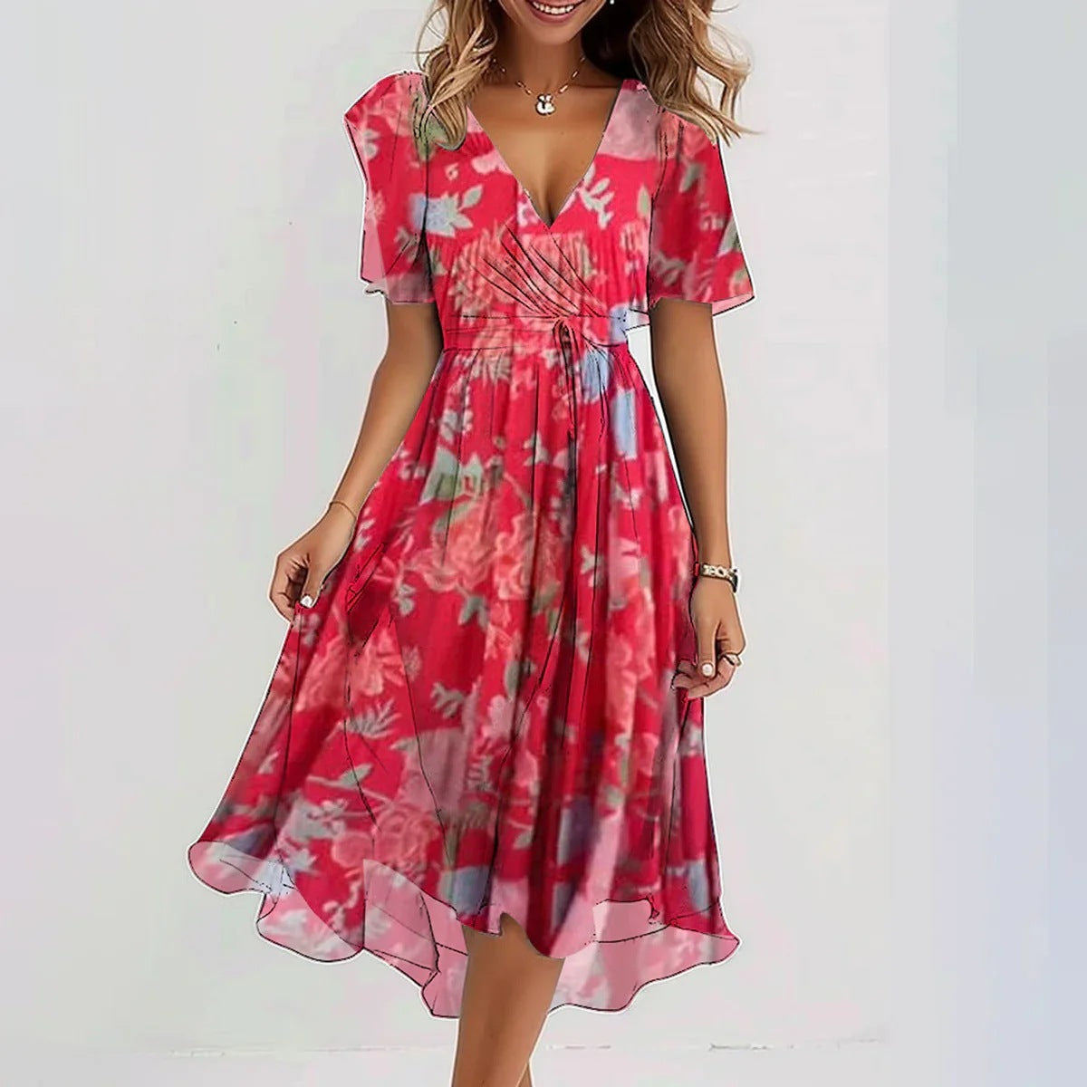 FrenchLin | Elegant Fall Floral Midi Dress