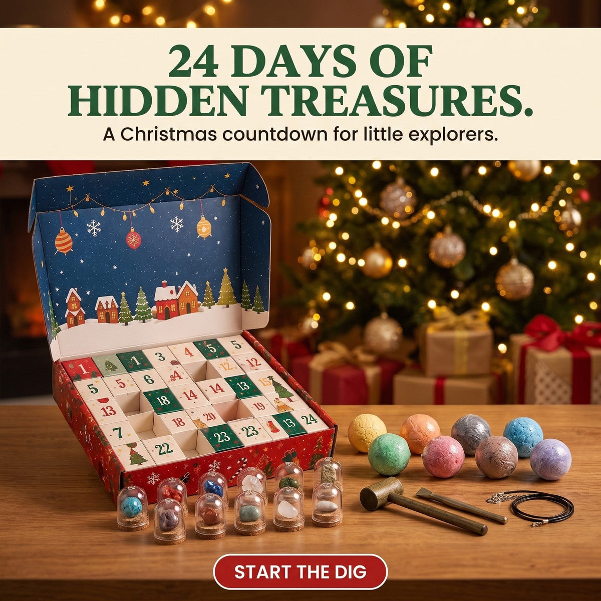 Kids Gemstone Dig Advent Calendar, 24 Days of Treasure