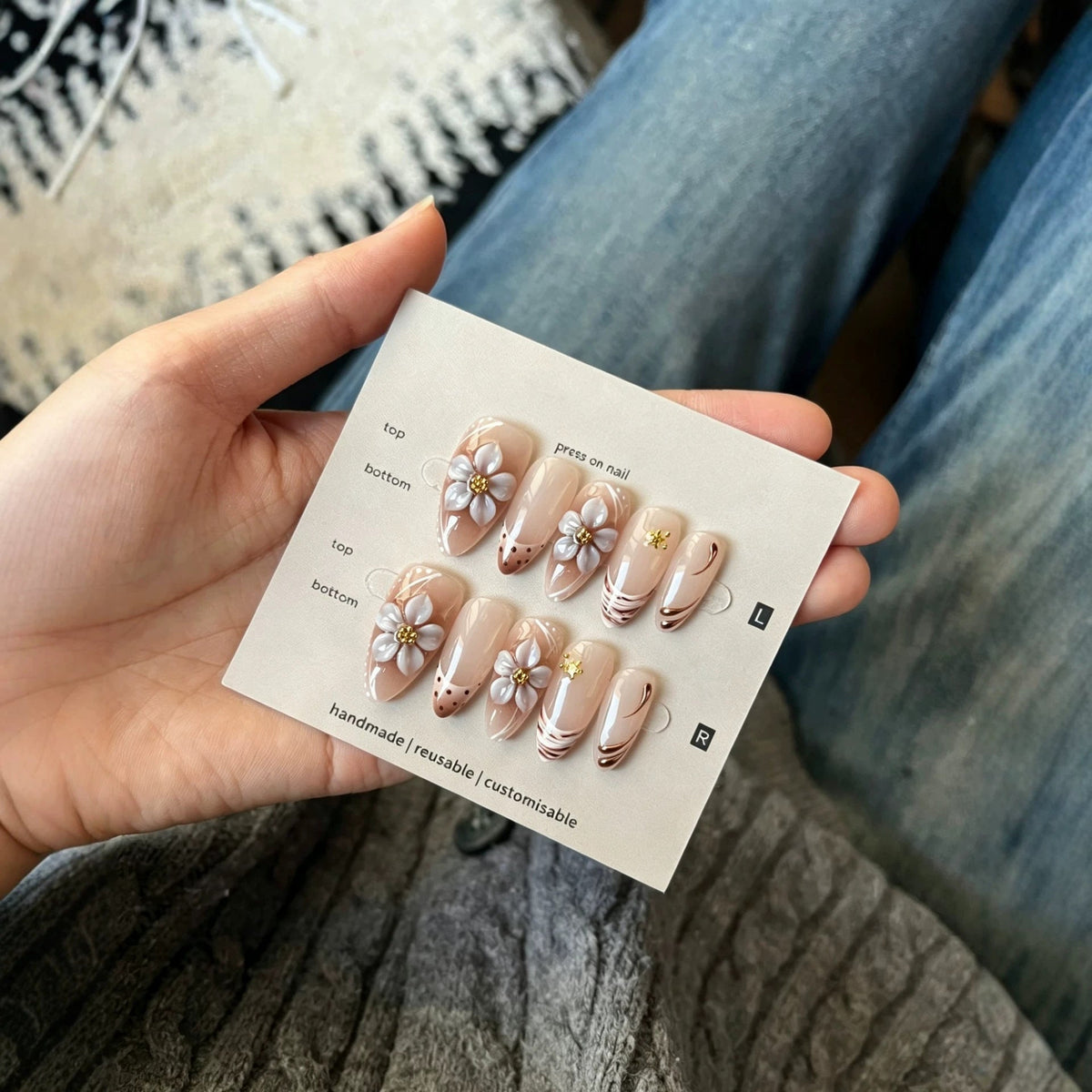 Håndlavet sæt kunstige negle med blomstermotiv