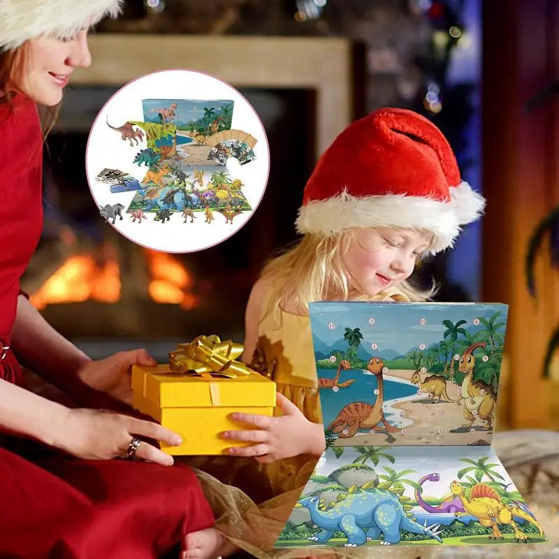 Dětský dinosauří vánoční adventní kalendář na 24 dní s 3D figurkami - PVC sváteční odpočet