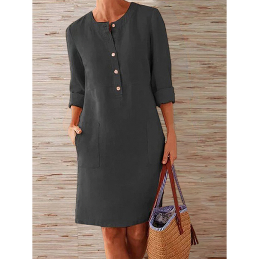 Knee-length linen dress | Simplicity and autumnal elegance | Comfortable style