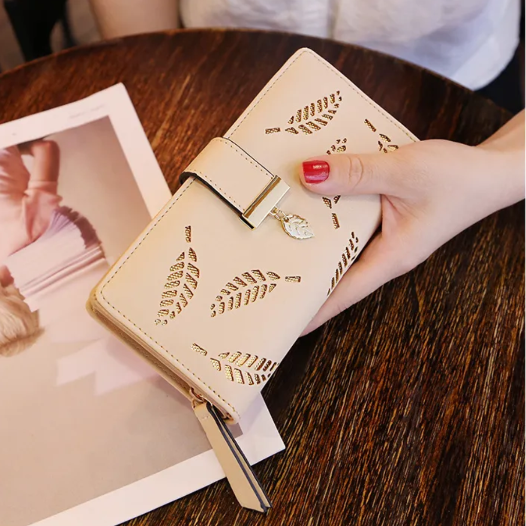 Leather Wallet with Golden Leaves