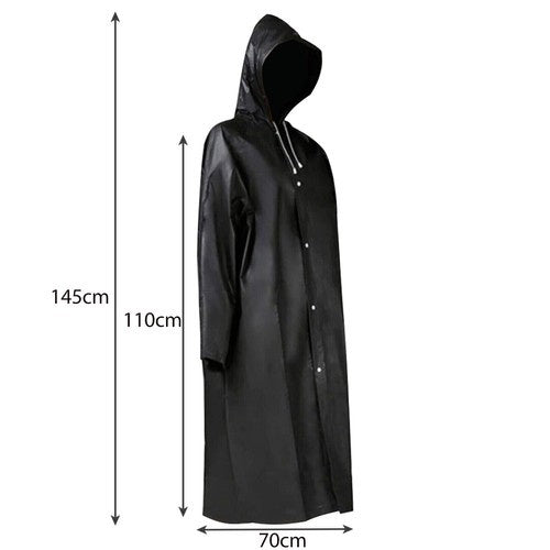 Long Unisex Black Rain Jacket with Hood