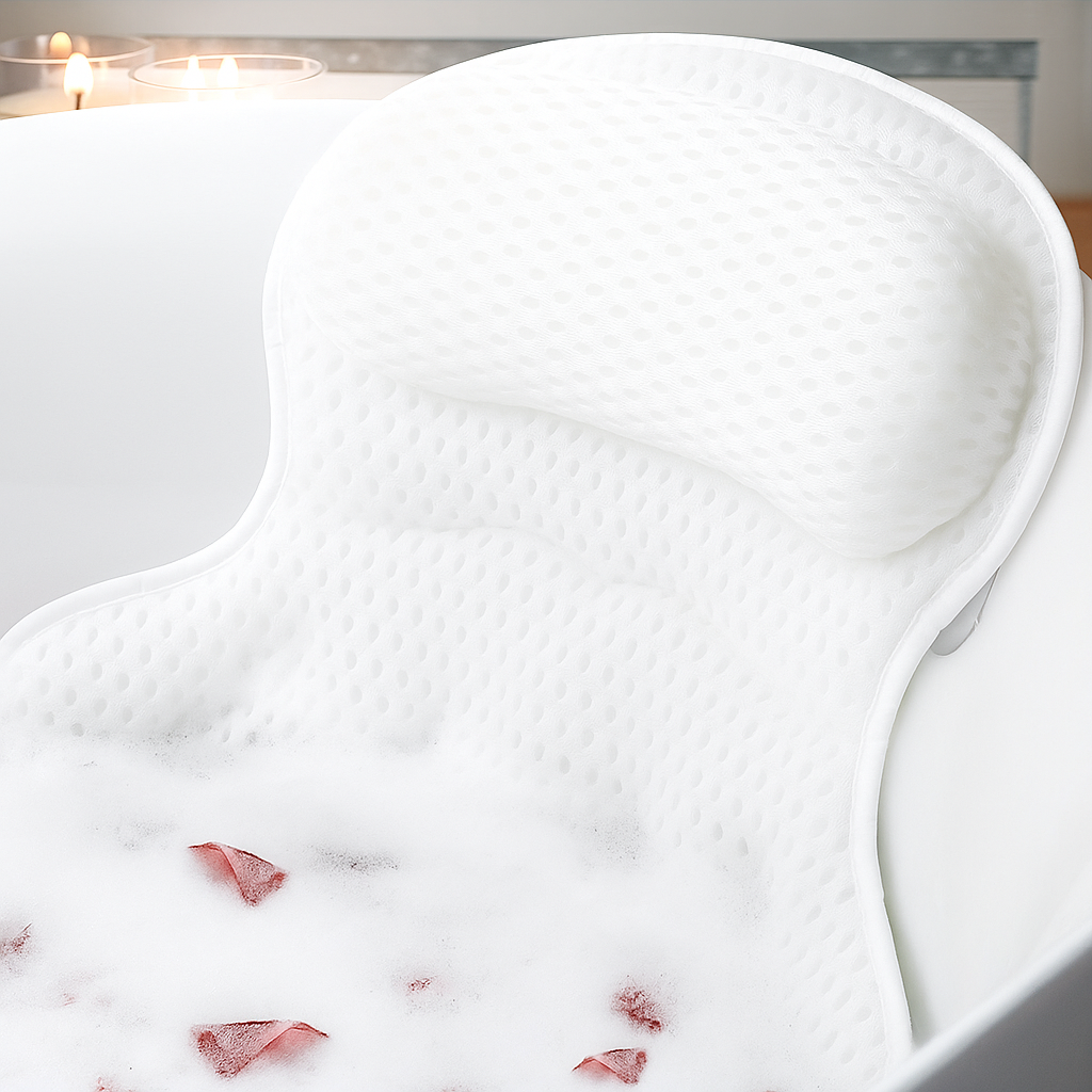 LuxieSpa 4D Luxury Bath Pillow - Breathable Pillow with Neck and Back Support for a Relaxing Bath