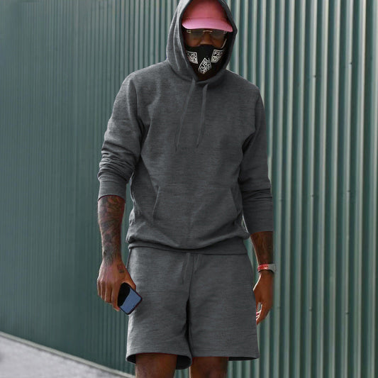 2-delt fritidssæt til mænd i fransk frotté med hættetrøje og sweatshorts med kængurulomme og snøre