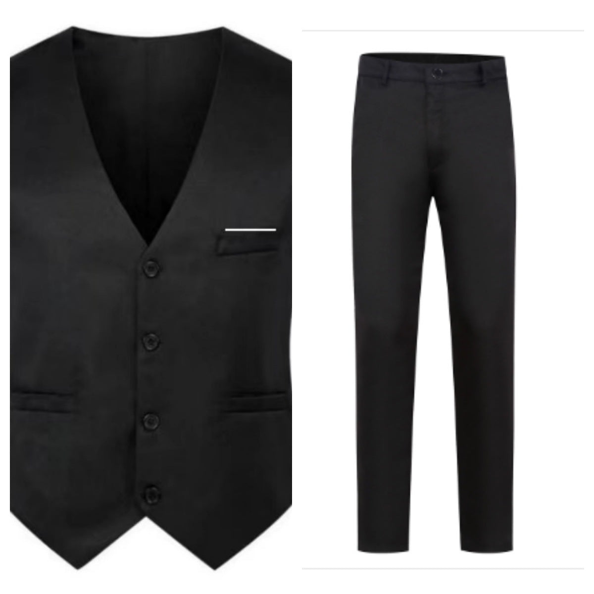 Elegant satinvest til mænd med V-hals og habitbukser med slim fit