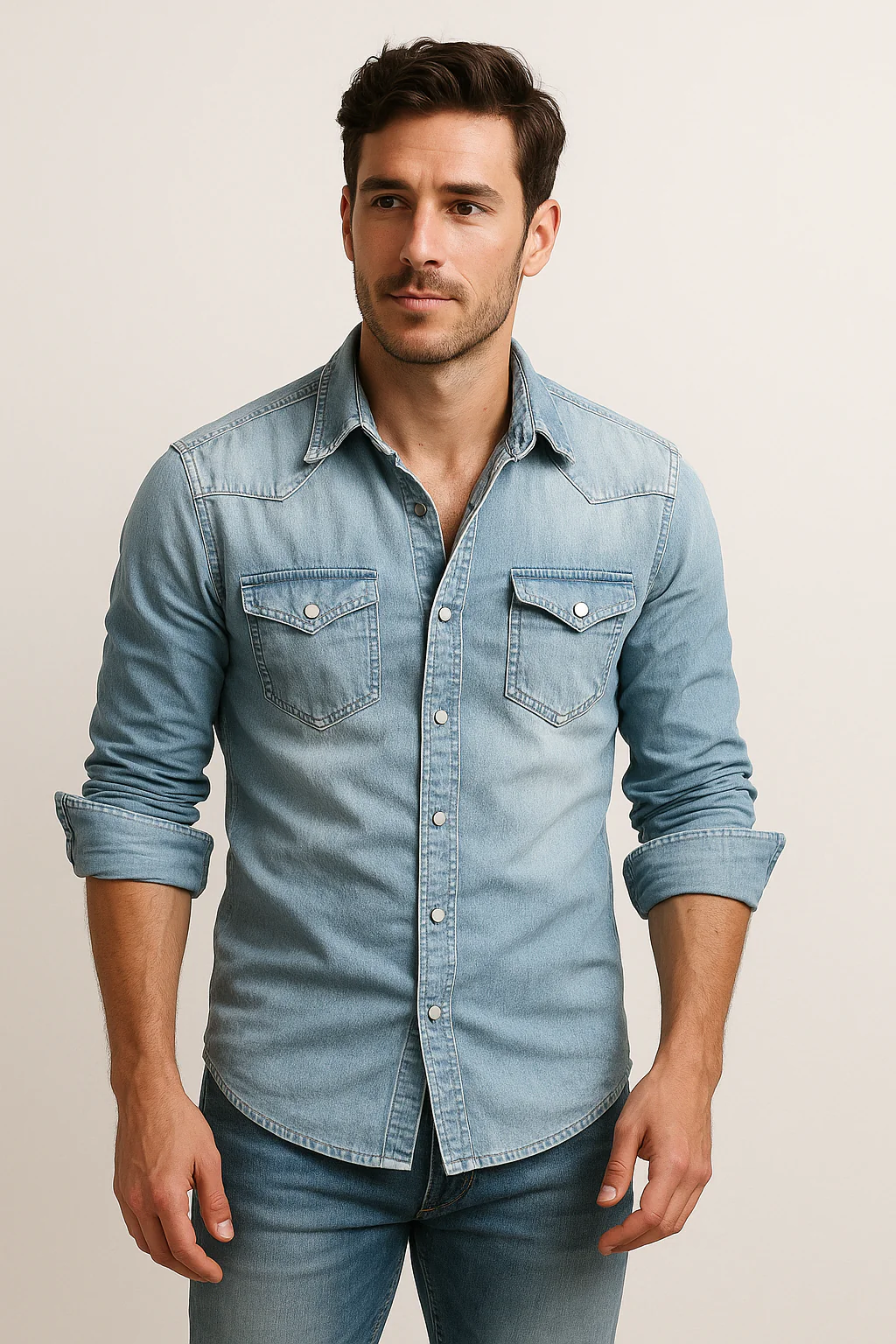 Men's Long-Sleeved Slim Fit Denim Shirt