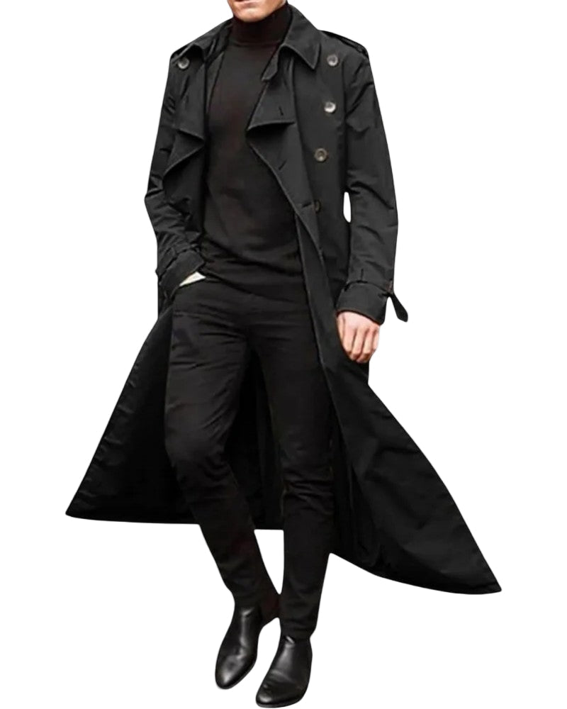 Lang trenchcoat til mænd i moderne stil med dobbelt knaplukning