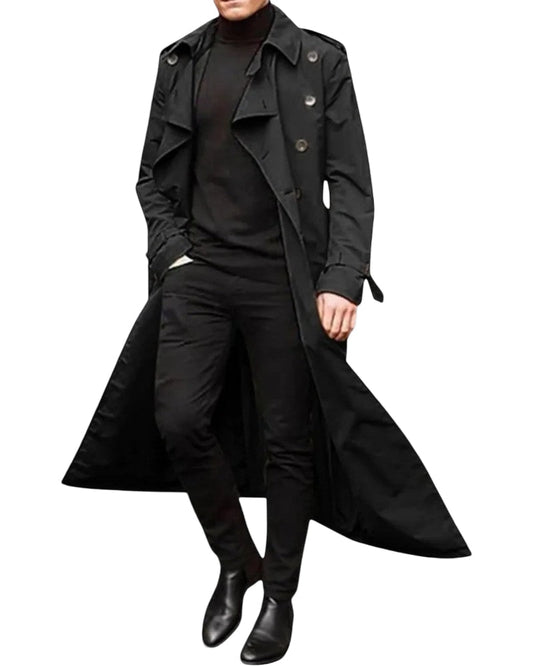 Lang trenchcoat til mænd i moderne stil med dobbelt knaplukning