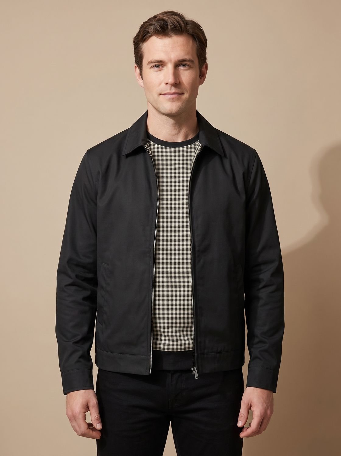 Harringtonjakke til mænd i smart-casual stil med ginghamfor og gennemgående lynlås