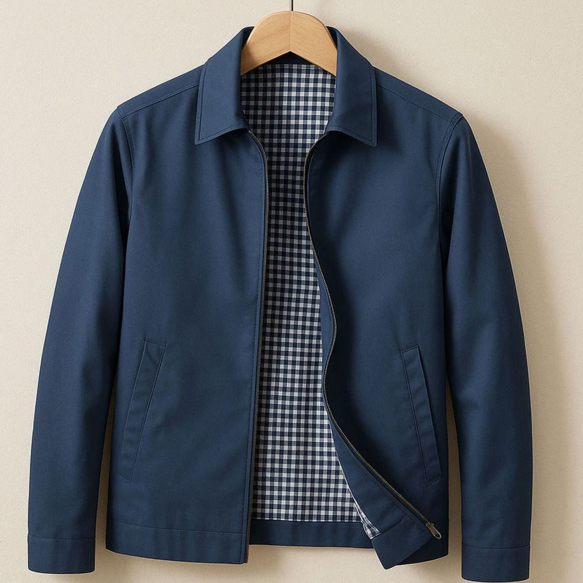 Harringtonjakke til mænd i smart-casual stil med ginghamfor og gennemgående lynlås