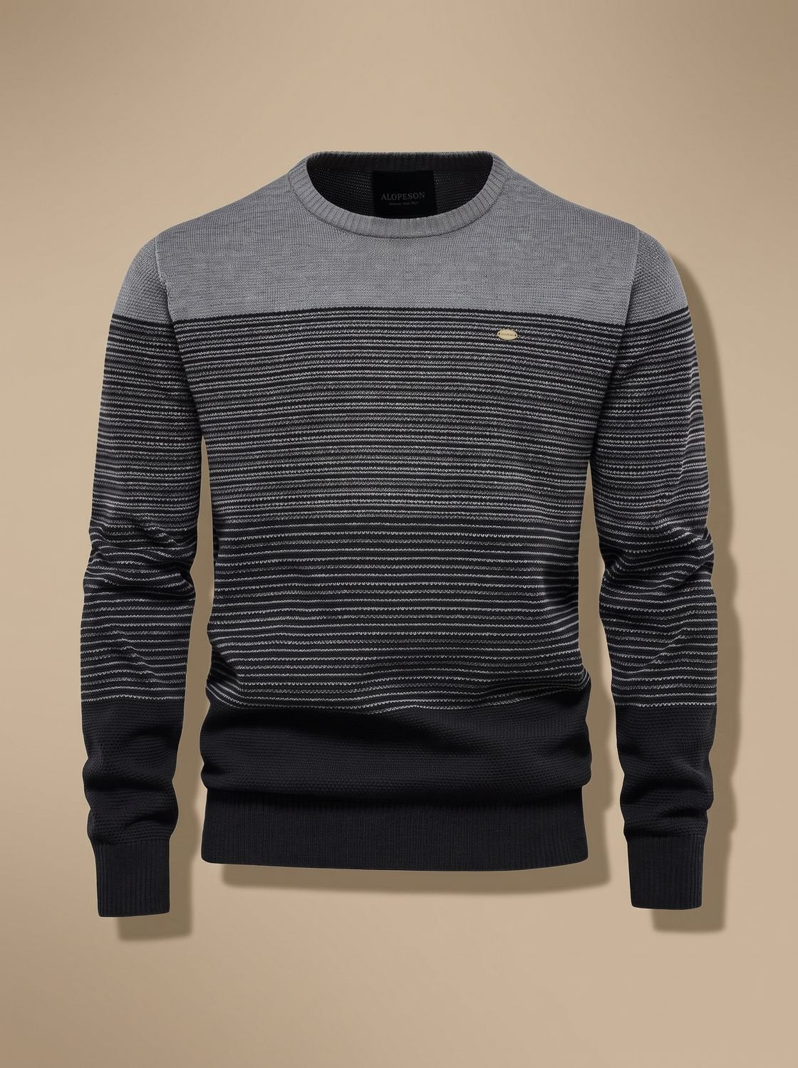 Strikket sweater til mænd med striber, farvefelter og rund hals