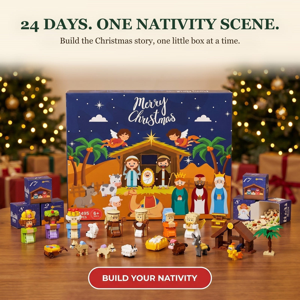 1495-Piece Nativity Scene Brick Advent Calendar, 24 Small Boxes