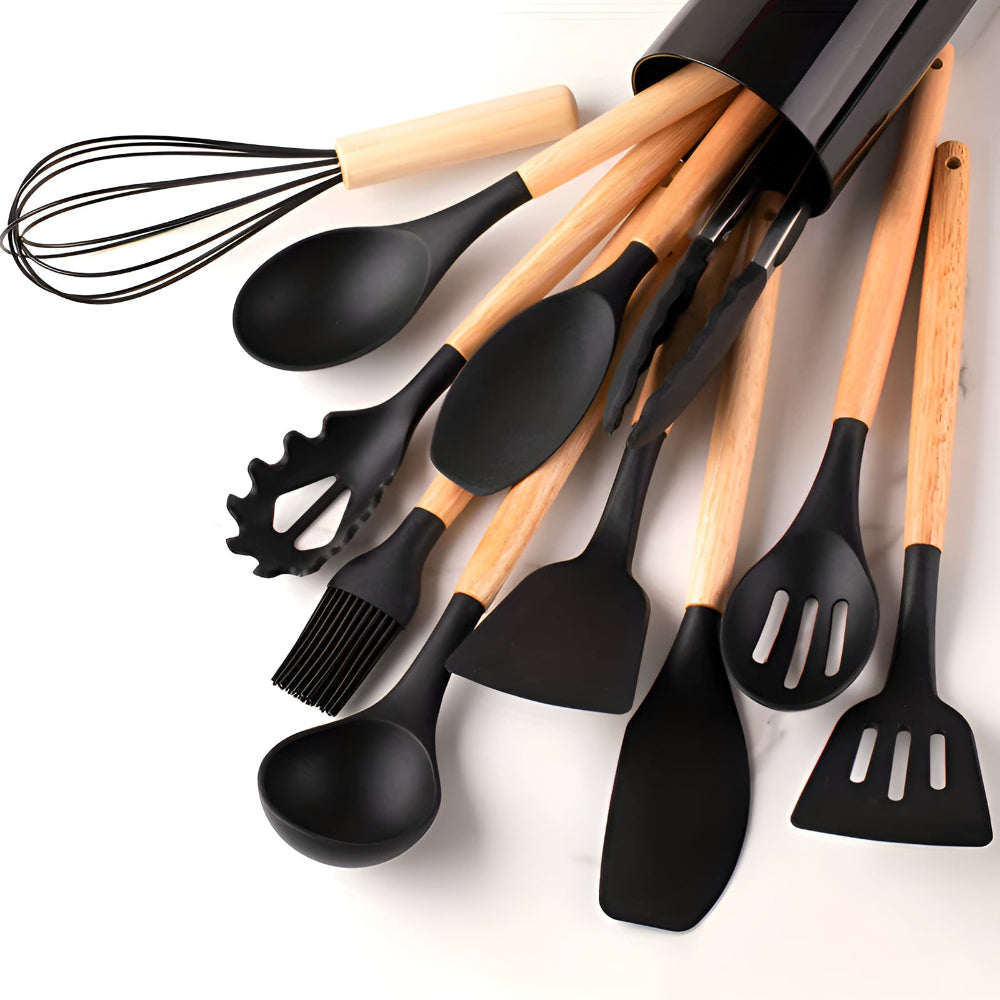 Nokmo | 12-Piece Silicone Kitchen Utensil Set with Wooden Handles