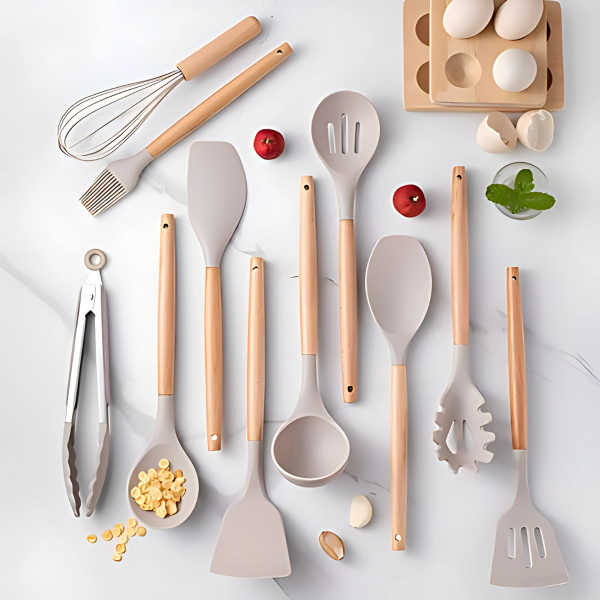 Nokmo | 12-Piece Silicone Kitchen Utensil Set with Wooden Handles