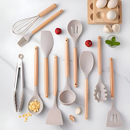 Nokmo | 12-Piece Silicone Kitchen Utensil Set with Wooden Handles