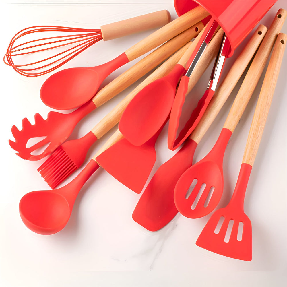Nokmo | 12-Piece Silicone Kitchen Utensil Set with Wooden Handles