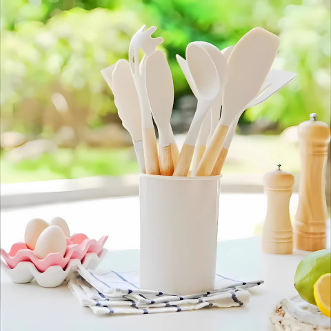 Nokmo | 12-Piece Silicone Kitchen Utensil Set with Wooden Handles