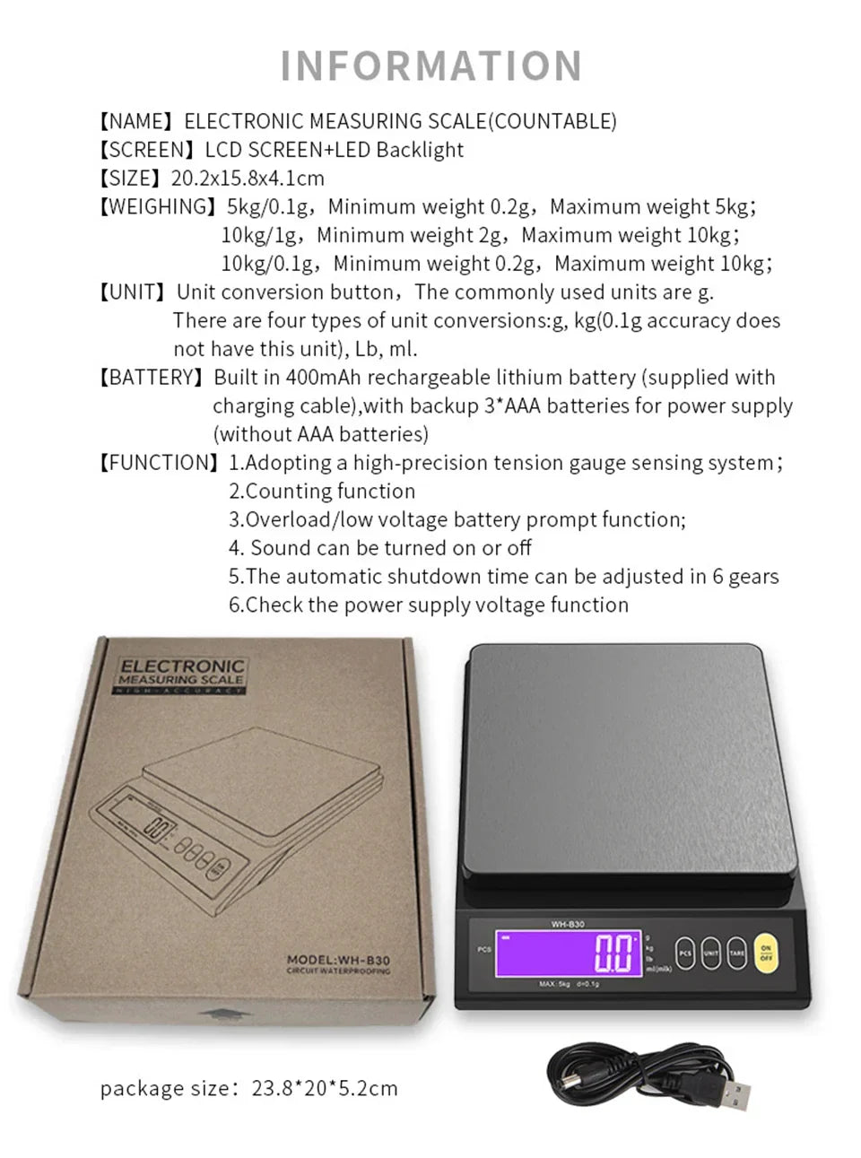 Nokmo | 5 kg/0.1 g and 10 kg/1 g digital electronic kitchen scale, LCD screen, fully waterproof stainless steel tool for baking