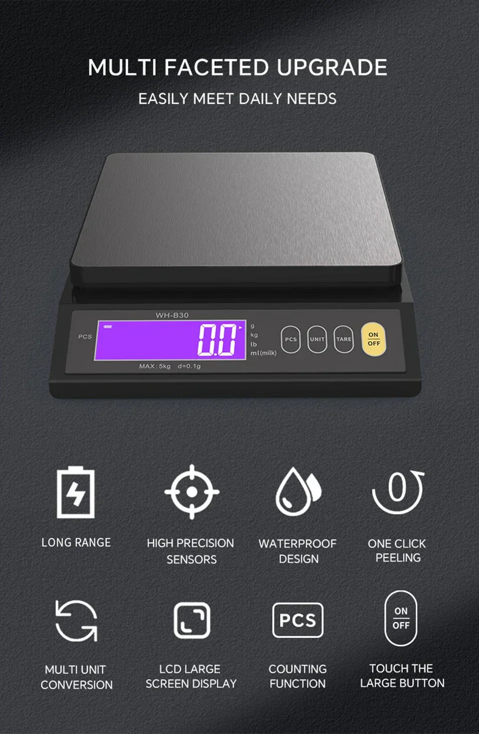 Nokmo | 5 kg/0.1 g and 10 kg/1 g digital electronic kitchen scale, LCD screen, fully waterproof stainless steel tool for baking