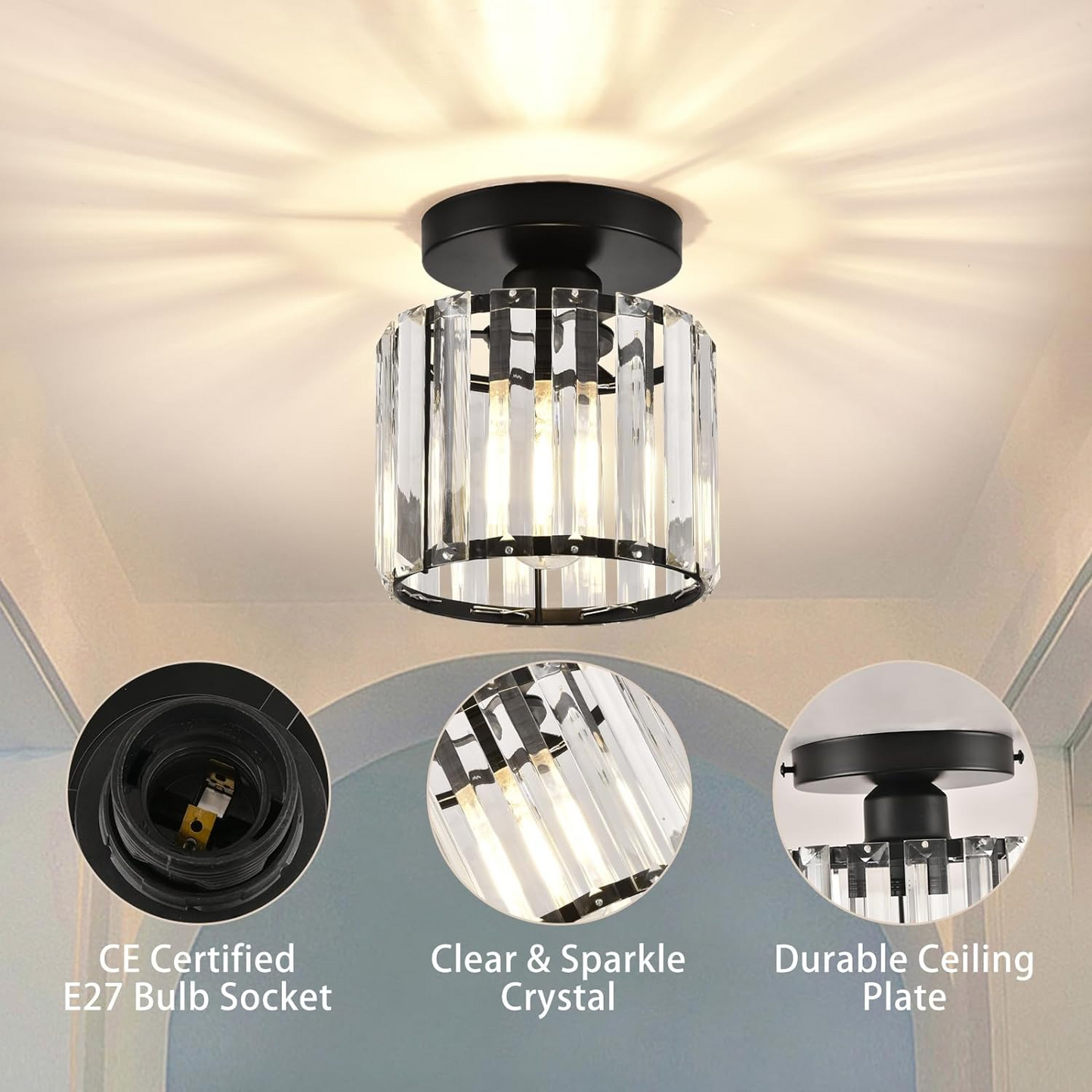 Nokmo | Crystal Glass Ceiling Lamp – Brass Fixture & Compact Design
