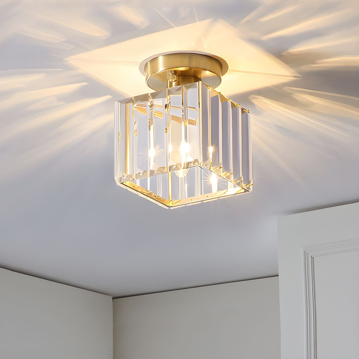 Nokmo | Crystal Glass Ceiling Lamp – Brass Fixture & Compact Design