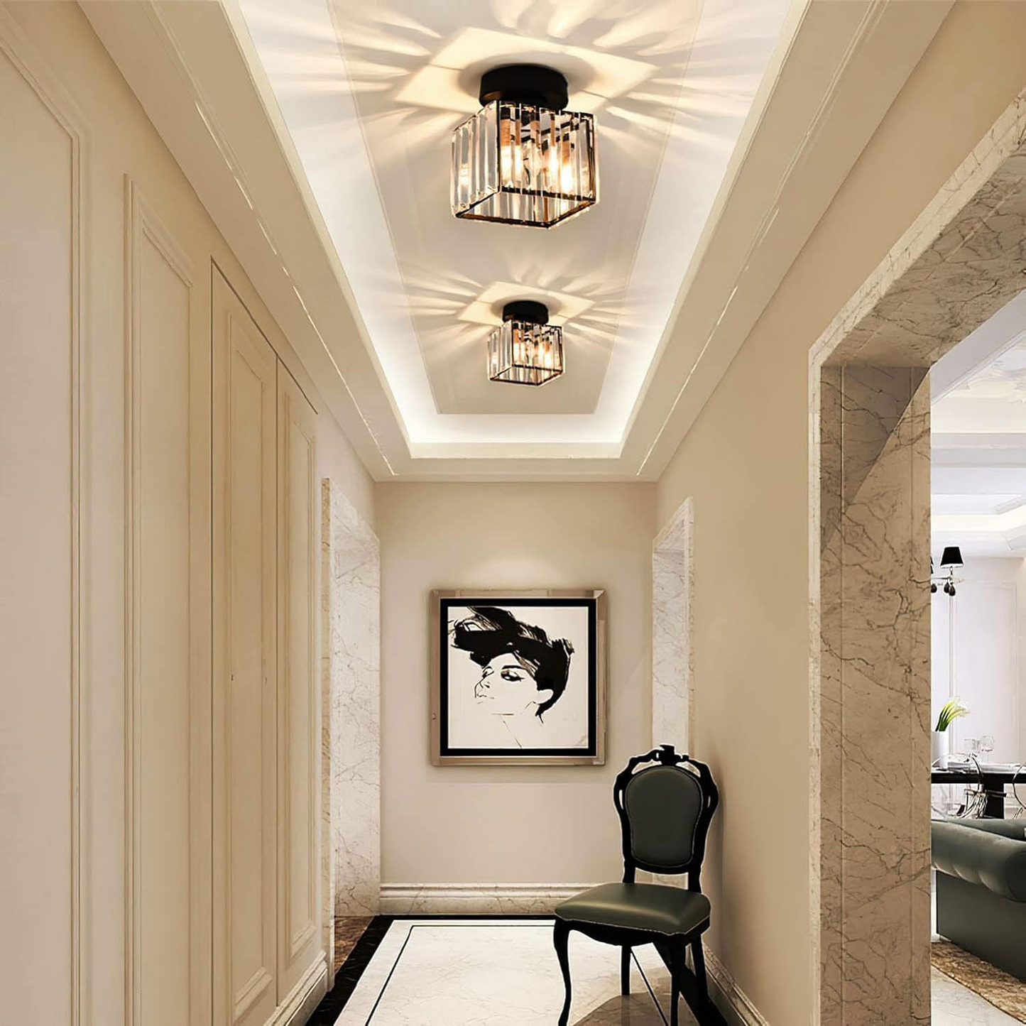 Nokmo | Crystal Glass Ceiling Lamp – Brass Fixture & Compact Design