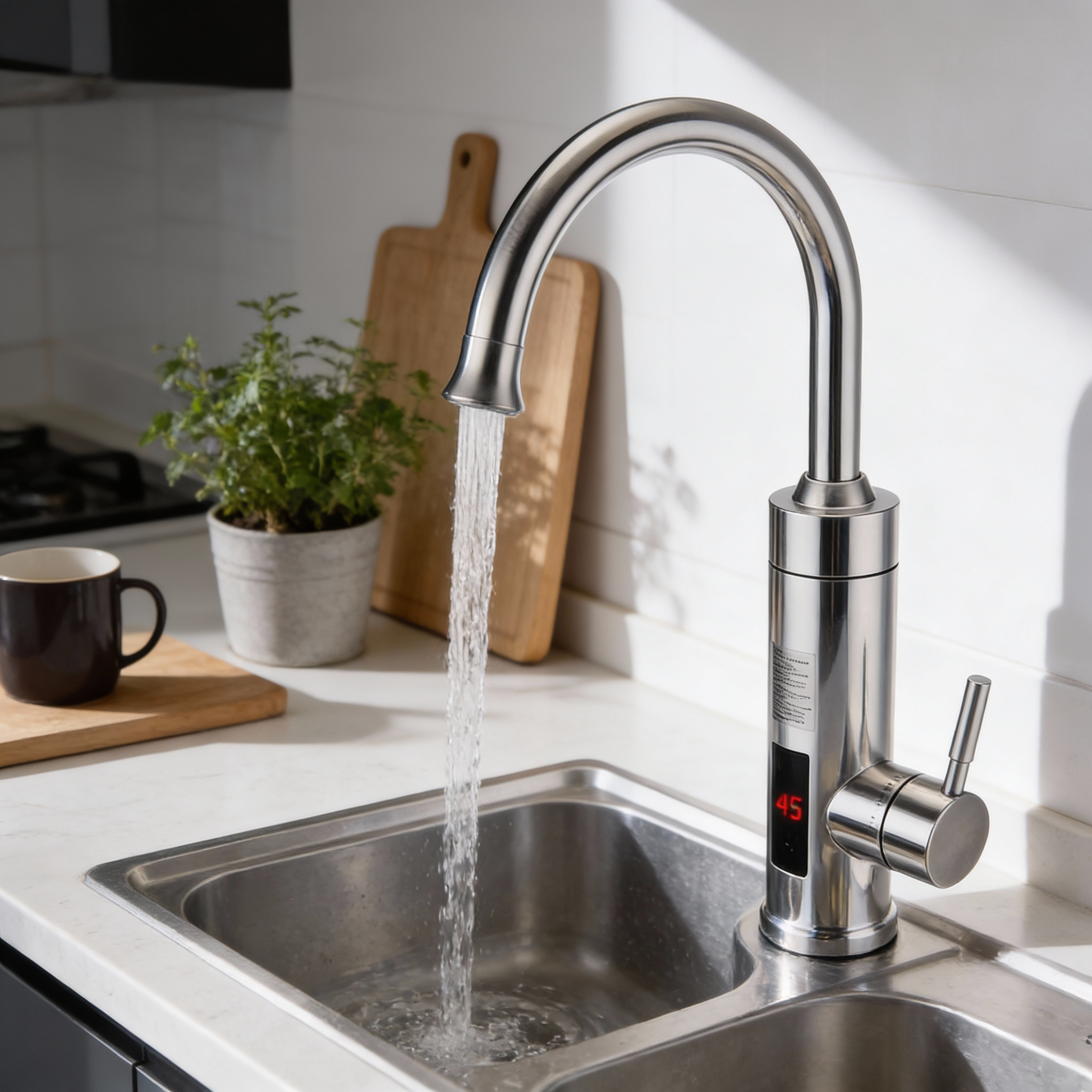 Nokmo | Electric Kitchen Faucet with Integrated Instant Water Heater | 3000W Quick Heating System | Stainless Steel Finish | Digital Temperature Display | Instant Hot Water Technology
