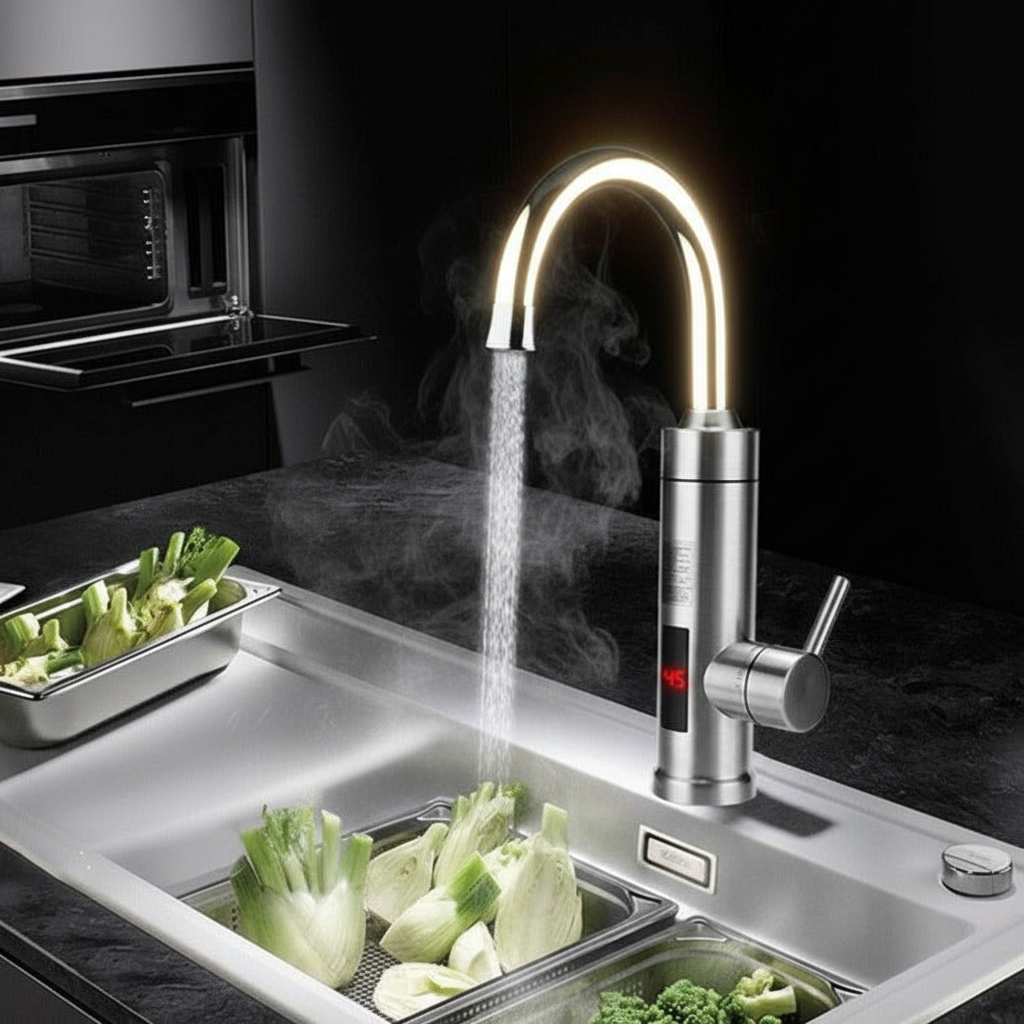 Nokmo | Electric Kitchen Faucet with Integrated Instant Water Heater | 3000W Quick Heating System | Stainless Steel Finish | Digital Temperature Display | Instant Hot Water Technology