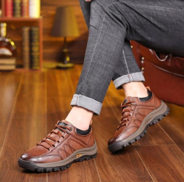 Nokmo | Hand-Stitched Men's Casual Shoes | Genuine Cowhide Leather | Orthopedic Three-Foot Support Design | Non-Slip Rubber Sole | Water-Repellent & Breathable | Black & Brown