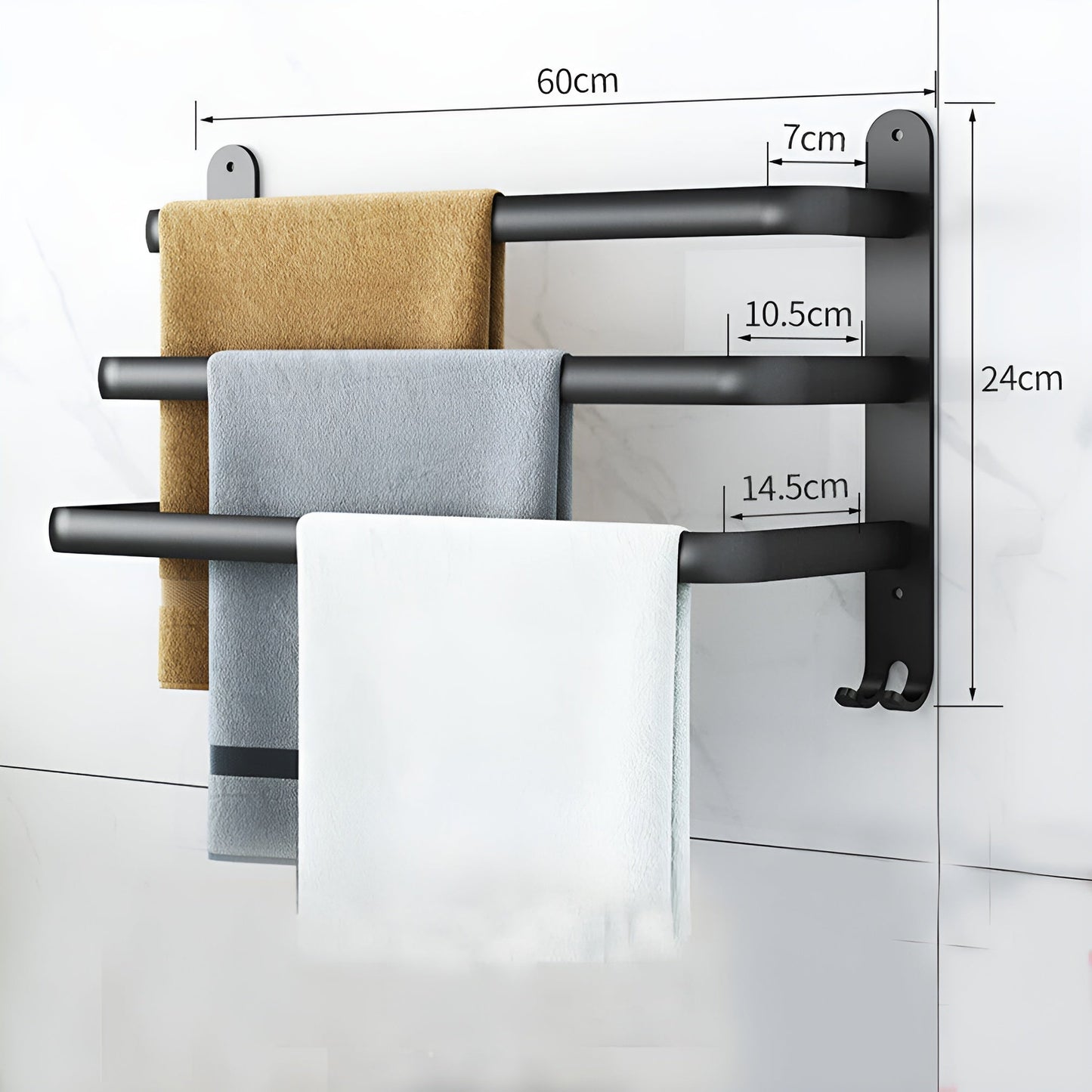 Nokmo | HangEase 3-Tier Towel Holder – Black Wall-Mounted Aluminum Rack Without Drilling