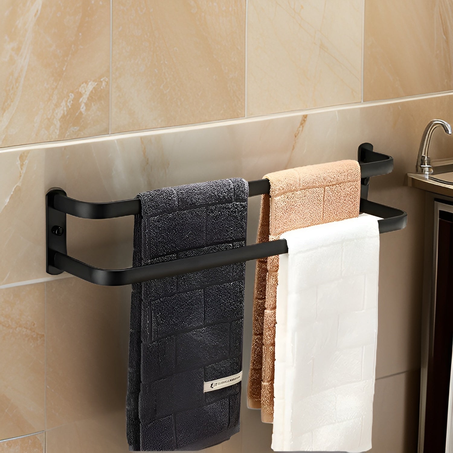 Nokmo | HangEase 3-Tier Towel Holder – Black Wall-Mounted Aluminum Rack Without Drilling